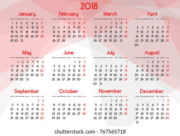 annual calendar for the year 2018, the horizontal format with red tones