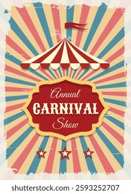 Annual carnival show retro poster. Circus tent with signboard background vector illustration