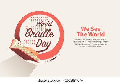 Annual Celebration - World Braille Day (4 January) Poster Banner Ractangle size for Social Media header. Illustration Hand with Braille Book and Braille text