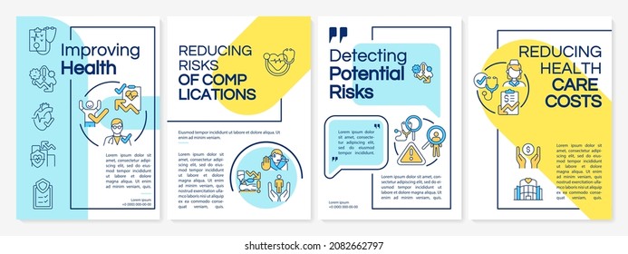Annual check up benefits blue, yellow brochure template. Healthcare. Flyer, booklet, leaflet print, cover design with linear icons. Vector layouts for presentation, annual reports, advertisement pages