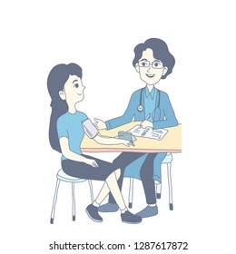 Annual check up concept design of vector. Doodle art style. She meet the doctor. 