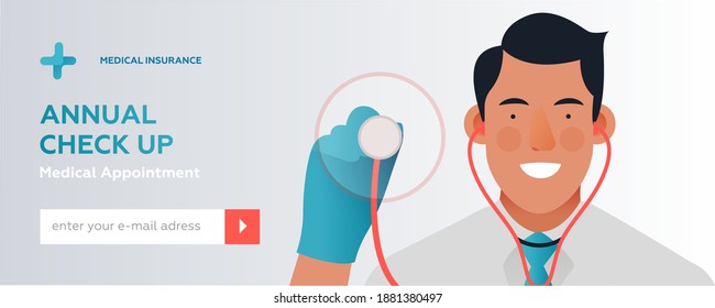 Annual Check Up. Medical Appointment. Modern Flat Vector Illustration. Happy Doctor Holding Stethoscope. Medical Insurance Website Banner. Social Media Template.