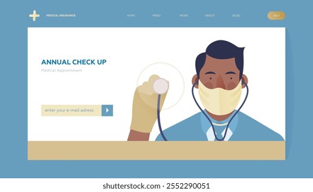 Annual Check Up. Medical Appointment. Modern Flat Vector Illustration. Medical Specialist in Mask Holding Stethoscope on Abstract Background. Insurance Landing Page Design Template. Website Banner.