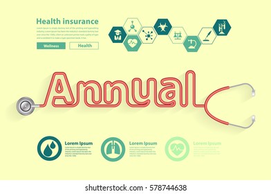 Annual checkup ideas concept, with Stethoscope design typographic vector illustration