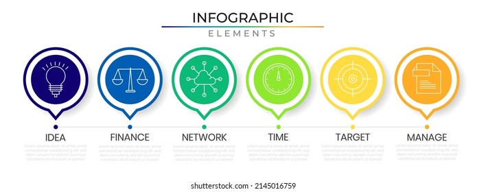 Annual Circular Timeline Infographic Design Vector With Icons. Business Six Steps Network Project Template For Presentation And Report.