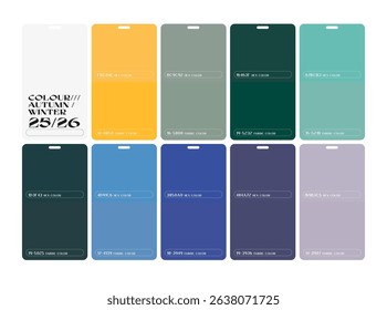 annual colours important for Fall Winter 25-26, fashion color palette, global color forecast for fashion trends, clothing. color palettes set
