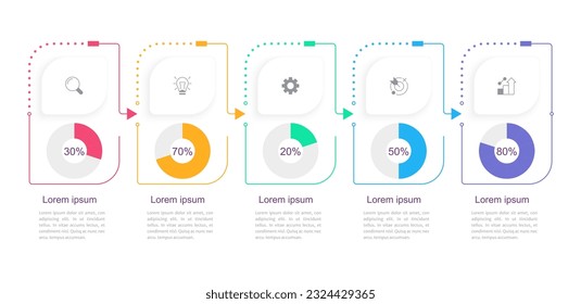 Annual company report infographic chart design template set. Editable infochart with icons. Instructional graphics with 5 step sequence. Visual data presentation. Merriweather Sans font used