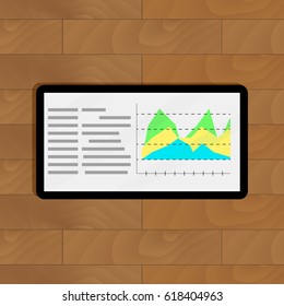 Annual data statistics. Analytics report on table wood, vector illustration