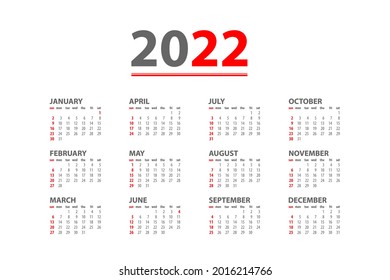 Annual desk monthly calendar template for 2022 year. Vector schedule daily planner 2022 year. Modern english simple calendar with date.