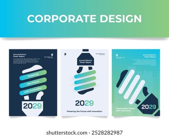 Annual electric power report corporate poster design template set vector flat illustration. Electricity industrial technology engineering manufacturing lighting illumination energy inspecting placard