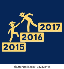 Annual Fellow Help vector icon. Style is flat symbol, yellow color, rounded angles, blue background.