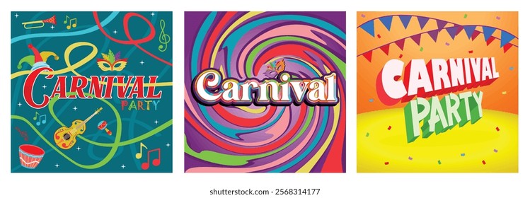 Annual festival in Brazil. Masquerade party with samba dancers in Brazil. Traditional music party in Brazil. Carnival Party concept. Set flat vector illustration.