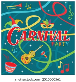 Annual festival in Brazil. Traditional music party with mask parade. Carnival Party concept. Flat vector illustration.