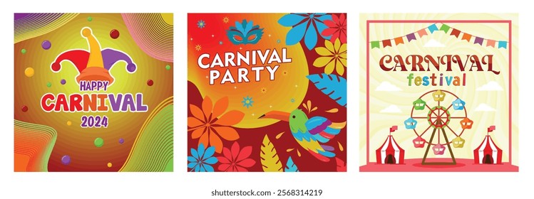 Annual festival in Brazil. Traditional party at the end of summer. Circus entertainment with various kinds of rides. Carnival Party concept. Set flat vector illustration.