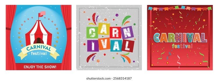 Annual festival with feather mask parade. Carnival festival in Brazil. Decorated with hanging flags with confetti. Carnival Party concept. Set flat vector illustration.