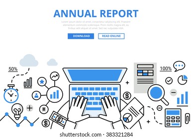 Annual Financial Report Concept Flat Line Art Vector Icons. Hands Working Laptop Calculator Document Chart Graphic. Modern Website Infographics Illustration Hero Image Web Banner. Lineart Collection.