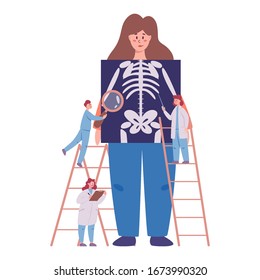 Annual and full health examination of human skeleton concept. Doctors examing female patient checking X-ray image. Idea of health care and disease diagnosis. Vector illustration in flat style