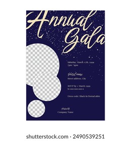 Plantilla anual de invitación de gala, foto y tipografía dorada en azul oscuro