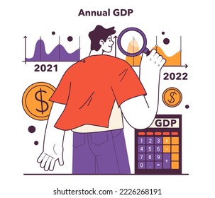 Annual GDP concept. Gross domestic product yaer-to-year. Monetary measure of the national market, earning profit index. Financial value of a country. Flat vector illustration.