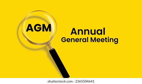 Annual General Meeting abbreviation AGM. AGM Acronym banner with magnifying glass on yellow background.