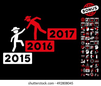 Annual Gentleman Help icon with bonus calendar and time management graphic icons. Vector illustration style is flat iconic bicolor symbols, red and white colors, black background.