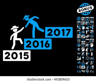 Annual Gentleman Help pictograph with bonus calendar and time management pictogram. Vector illustration style is flat iconic bicolor symbols, blue and white colors, black background.