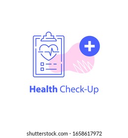 Annual Health Check Up, Cardiovascular Examination, Preventive Medical Program, Heart Disease Prevention, Fast Analysis, Sick Leave, Vector Line Icon