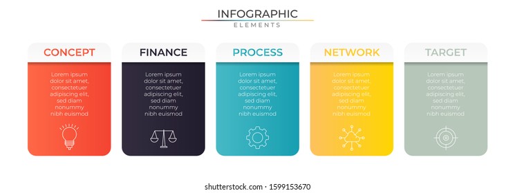 Annual infographic with 5 steps rectangle elements and icons. Chart process template. Modern vector for company or corporate business project and presentation. Trendy Eps10 design
