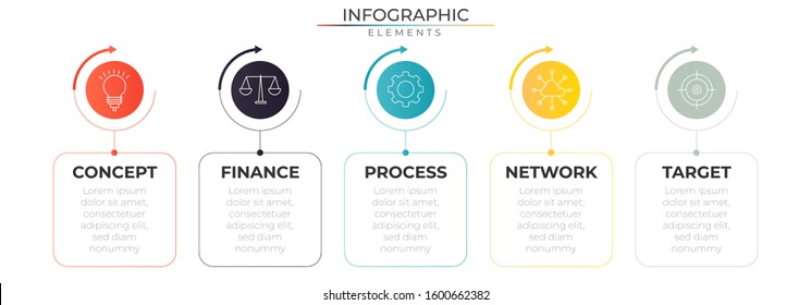 Annual infographic with 5 steps text box elements and icons. Chart process template. Modern vector for company or corporate business project and presentation. Trendy Eps10 design