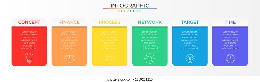 Infografía anual con 6 pasos de elementos de rectángulo e iconos. Plantilla de proceso de gráfico. Vector moderno para proyectos y presentaciones de empresas o empresas. Diseño moderno Eps10