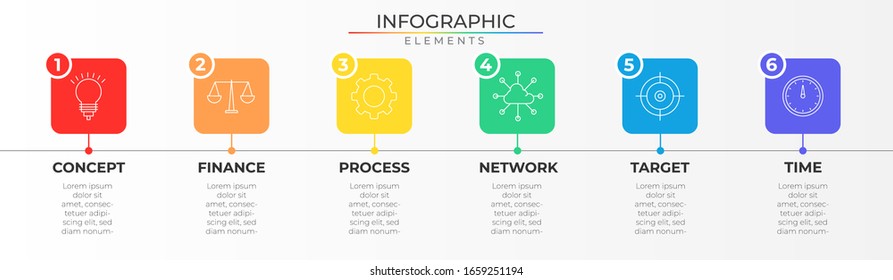 Infografía anual con 6 pasos, cuadro de texto de rectángulo redondeado e iconos. Plantilla de proceso de gráfico. Vector moderno para proyectos y presentaciones de empresas o empresas. Diseño moderno Eps10