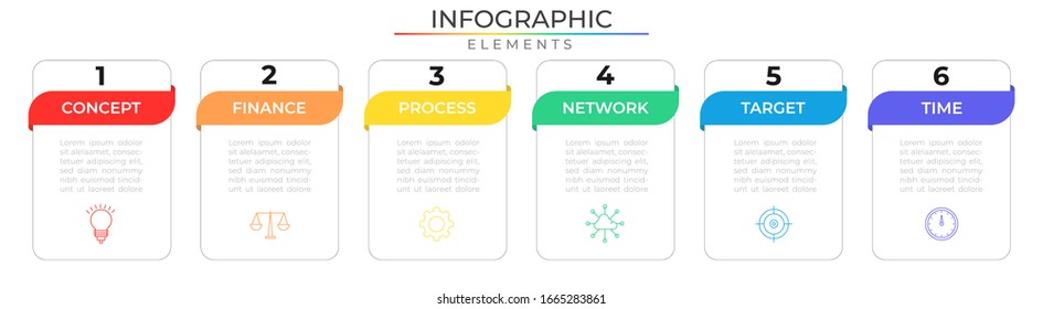 Annual infographic design template with icons and six plan strategy. Data process visualization. Vector illustration for company and corporate business project and presentation. Eps 10