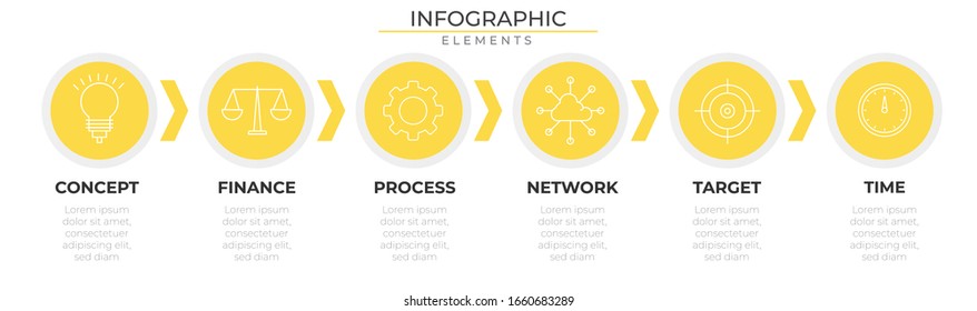 Jährliche Infografik mit sechs Schritten kreisen Elemente und Symbole. Diagramm-Prozessvorlage. Moderne Vektorillustration für Firmenprojekte und Präsentationen. Trendy Eps10 Design