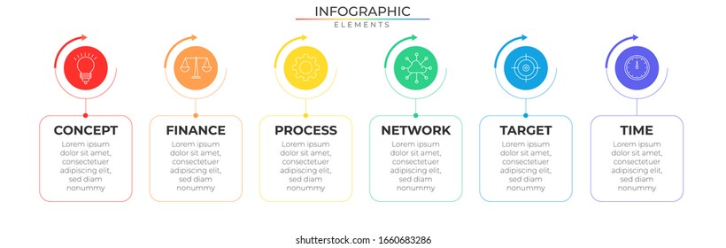 Annual infographic with six steps text box elements and icons. Chart process template. Modern vector for company or corporate business project and presentation. Trendy Eps10 design