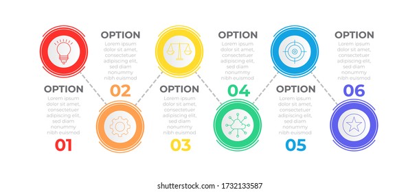 Plantilla de infografía anual con seis opciones de círculo e iconos. Plantilla de proceso de gráfico. Vector moderno para proyectos y presentaciones de empresas o empresas. Diseño moderno Eps10
