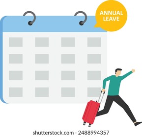 Annual leave concept, day off or vacation to rest and relax from hard work, time reminder, happy businessman walking with luggage from calendar with notes on annual leave.