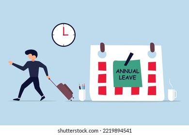 Annual leave. happy businessman running with luggage from calendar with annual leave note.