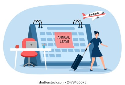 Vacaciones anuales de relajación de la Ilustración vectorial de concepto de vacaciones. Texto de vacaciones anuales en nota adhesiva en el calendario. Mujer de negocios con el equipaje en vacaciones.