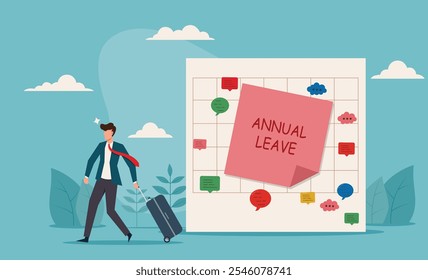  Annual leave, take day off or vacation to rest and relax from hard work. Businessman takes annual leave, holding suitcase, with calendar noting the dates. Ideal for vacation, time off