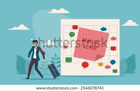  Annual leave, take day off or vacation to rest and relax from hard work. Businessman takes annual leave, holding suitcase, with calendar noting the dates. Ideal for vacation, time off