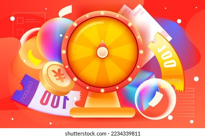 Annual lucky draw spinner event with various gold coins and coupons in the background, vector illustration