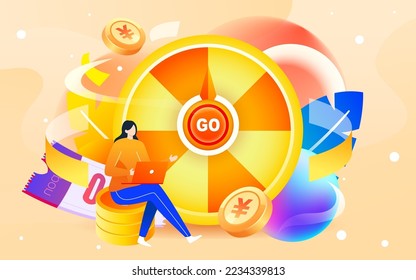 Annual lucky draw spinner event with various gold coins and coupons in the background, vector illustration