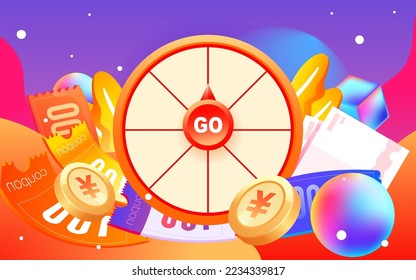 Annual lucky draw spinner event with various gold coins and coupons in the background, vector illustration