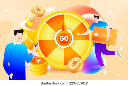 Annual lucky draw spinner event with various gold coins and coupons in the background, vector illustration