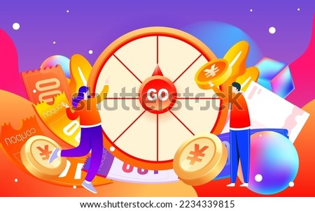 Annual lucky draw spinner event with various gold coins and coupons in the background, vector illustration