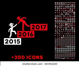 Annual Man Help vector pictogram with additional 300 date and time management icons. Style is bicolor flat symbols, red and white colors, rounded angles, black background.