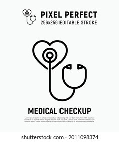 Annual medical checkup thin line icon. Medical diagnostics on early stage. Cardiology. Stethoscope on heart. Pixel perfect, editable stroke. Vector illustration.