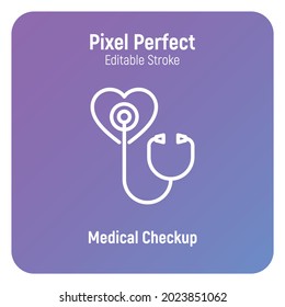 Annual medical checkup thin line icon. Medical diagnostics on early stage. Cardiology. Stethoscope on heart. Pixel perfect, editable stroke. Vector illustration.