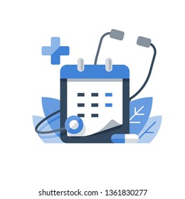 Annual Medical Exam, Regular Health Check Up, Medication Course, Calendar And Stethoscope, Preventive Examination Appointment, Medical Services, Vector Icon, Flat Illustration