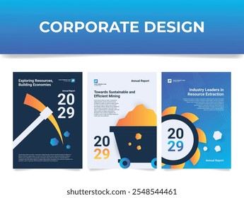 Jährlicher Mining-Bericht, der Ressourcen für das Corporate-Design-Vorlagensatz untersucht, Vektorgrafik flach. Business-Extraktion Informationen Analyse Modellierung Datenverarbeitung Gold und Edelsteine Bewertung